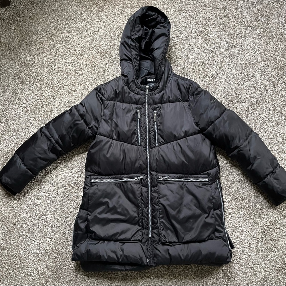 DKNY Black Quilted Hooded Puffer Jacket Size Large